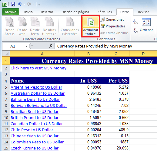 Cambio automático de monedas en Excel
