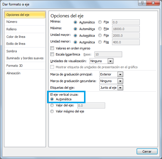 Escala logarítmica en Excel 2010