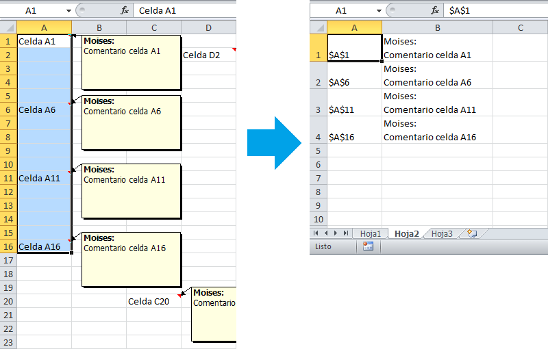 Copiar comentarios en celdas de Excel