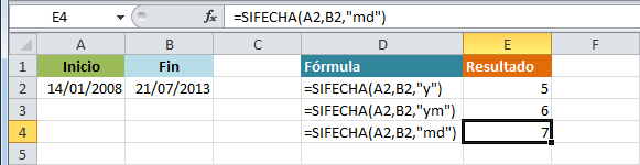 Calcular años, meses y días entre dos fechas en Excel