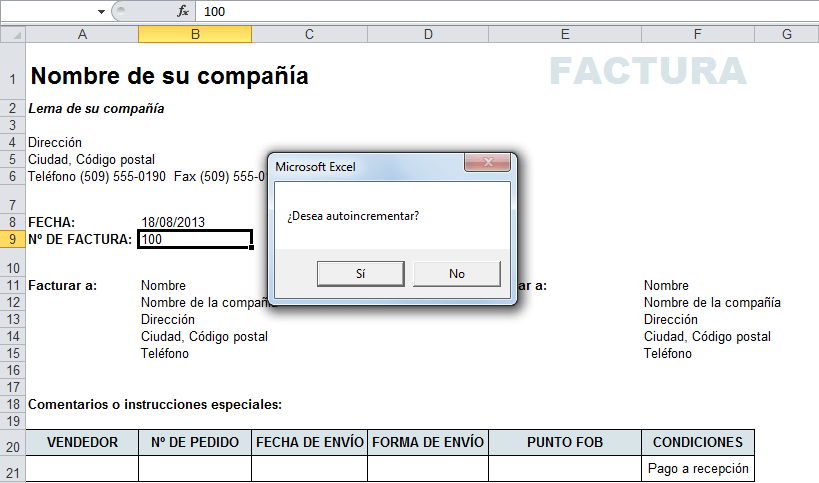 Factura en Excel con numerador automático