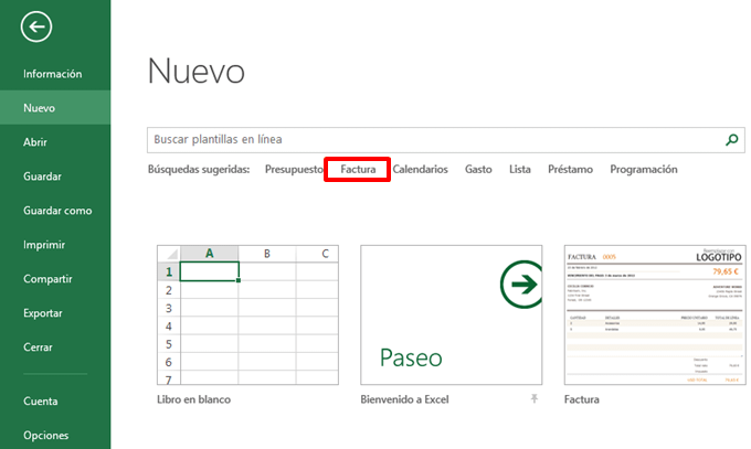 Plantillas de facturas en Excel 2013