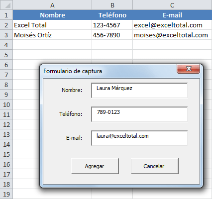Ejemplo de formulario de captura en Excel
