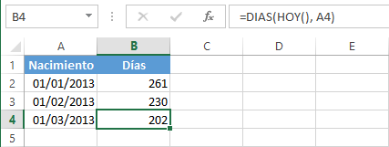 Cálculos con la función DIAS en Excel 2013