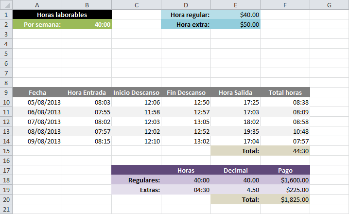 Calcular Horas Extras En Excel Excel Total