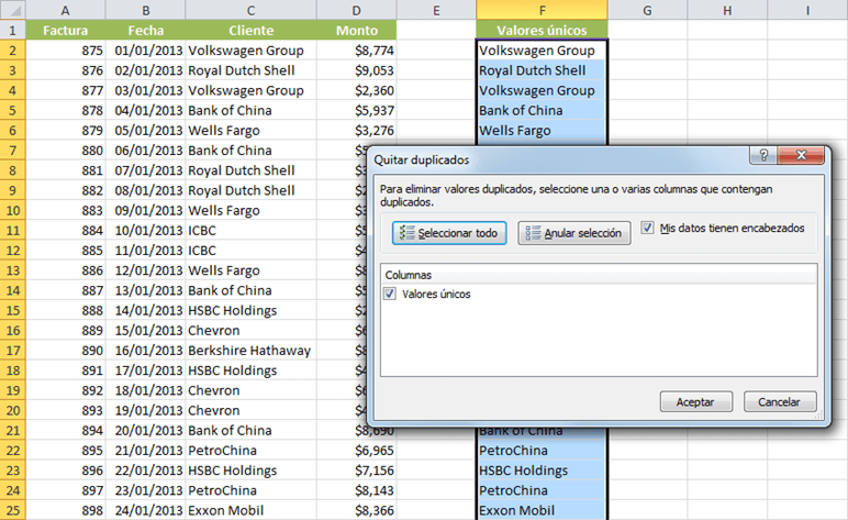 Extraer valores únicos en Excel