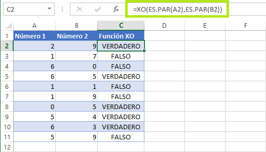 Ejemplo de la función XO en Excel 2013