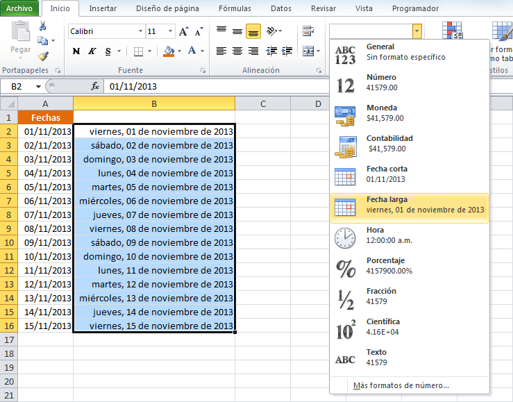 Obtener el día de la semana en Excel