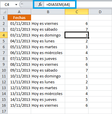 Función de Excel que devuelve los días de la semana
