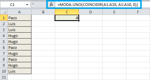 Función MODA con valores no numéricos