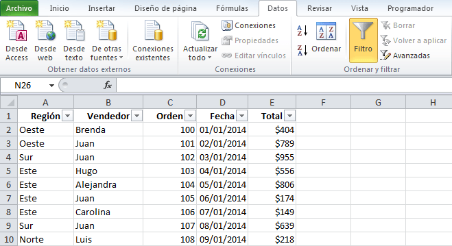 Filtrar datos en una tabla de Excel