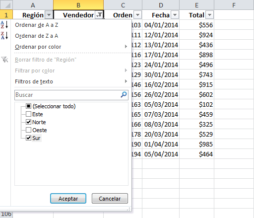 filtros en excel