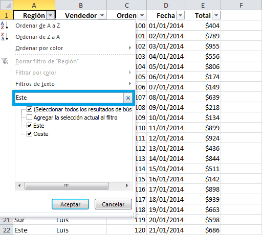 Ejemplos de filtros en Excel