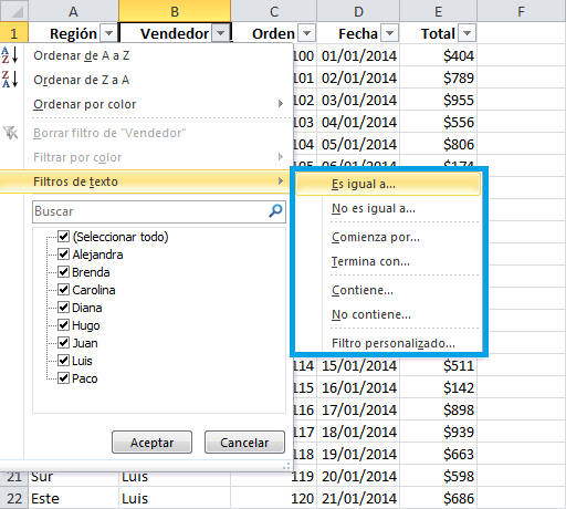 Tipos de filtros en Excel