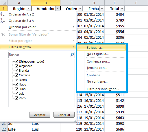 filtros en excel