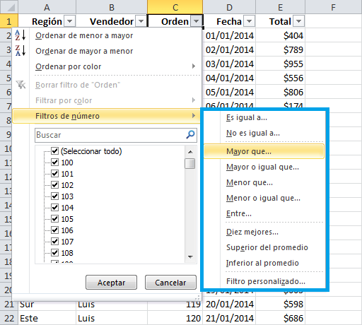 filtros en excel