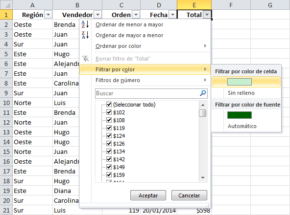 Cómo filtrar en Excel por color