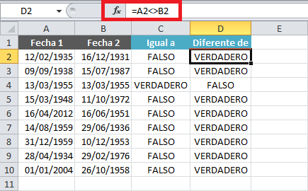 Función para comparar dos fechas en Excel