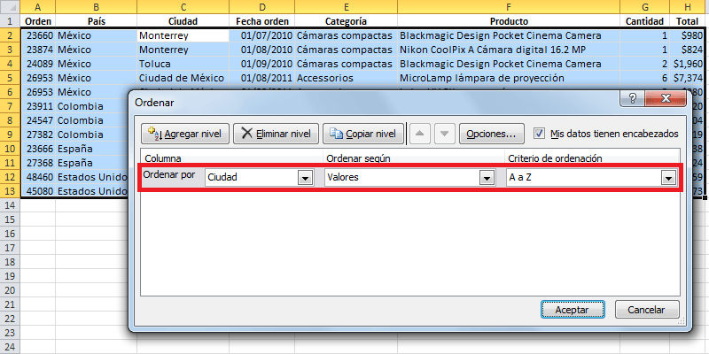 Ordenar datos con una lista personalizada en Excel