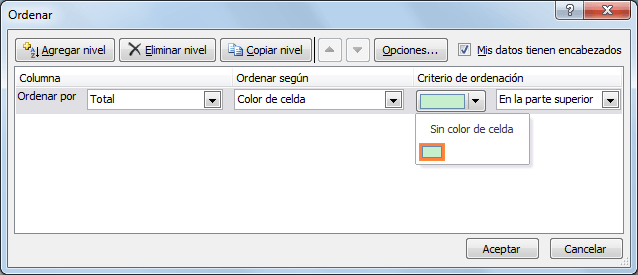 Ejemplo de orden personalizado en Excel