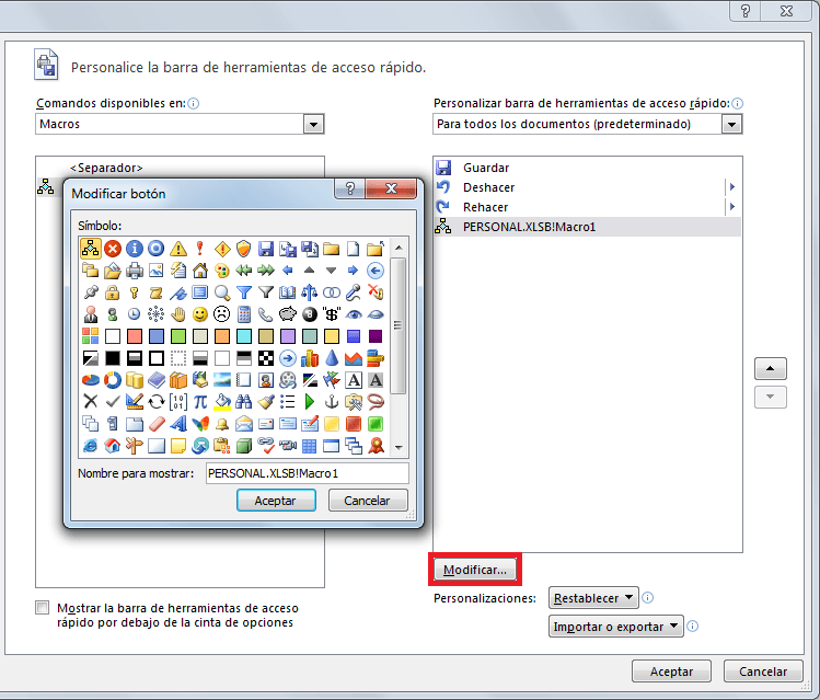 Macro de Excel en barra de acceso rápido