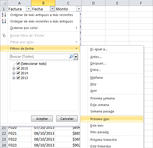 Filtrado de fechas en Excel con Autofiltro
