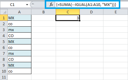 Contar valores en Excel diferenciando mayúsculas de minúsculas