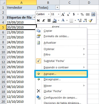Excel tabla dinámica agrupar por meses
