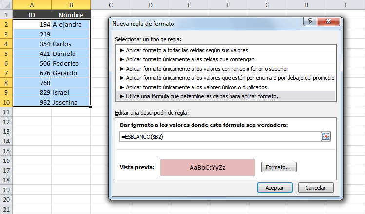 Distinguir celdas vacías con formato condicional en Excel