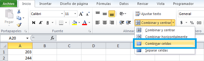 Combinar celdas en Excel