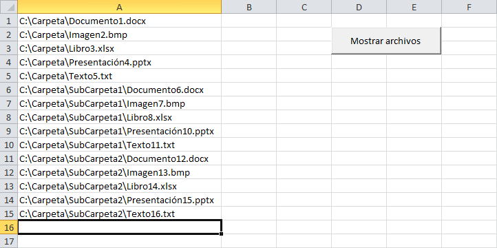 Listar archivos en Excel de carpetas y subcarpetas