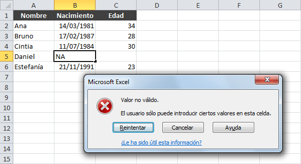 Validación de datos en Excel ejemplo