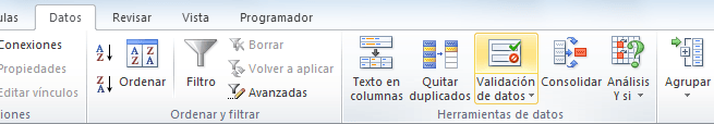 Comando Validación de datos en Excel