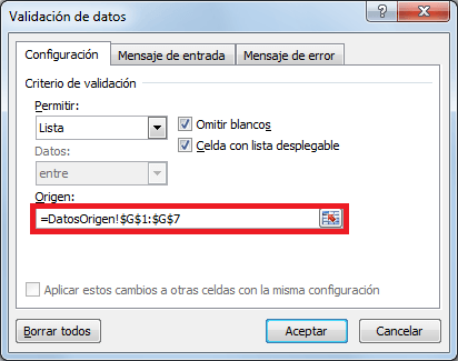 Lista de validación de datos en Excel